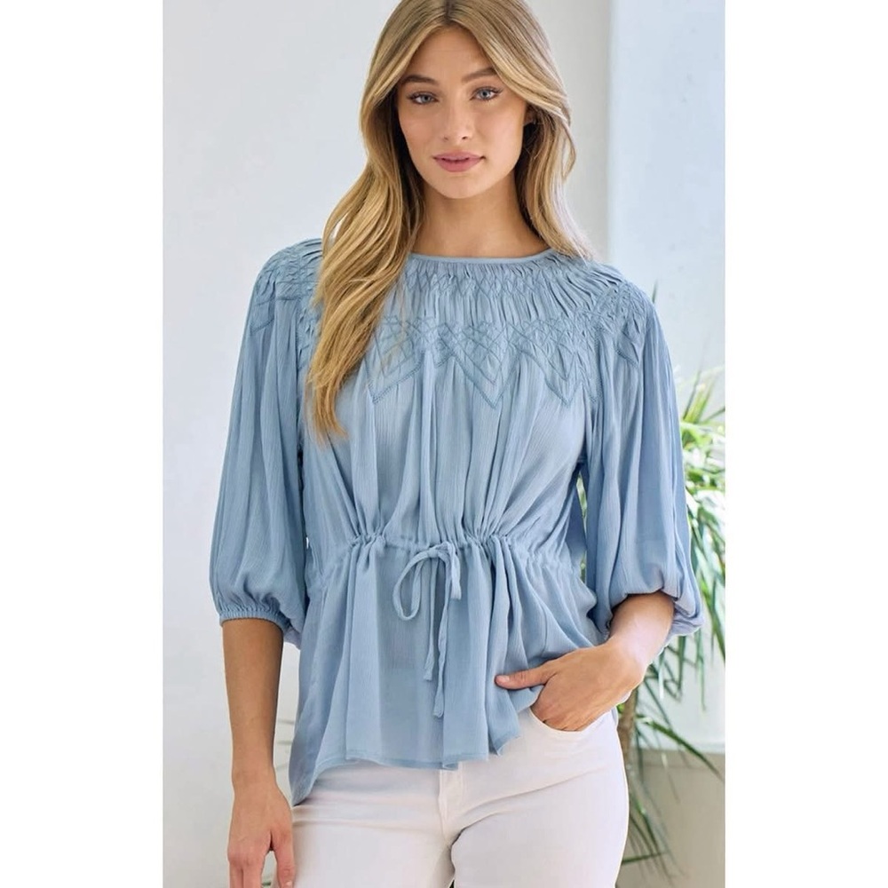 Embroidered 3/4 Sleeve Top with Waist Drawstring -Blue